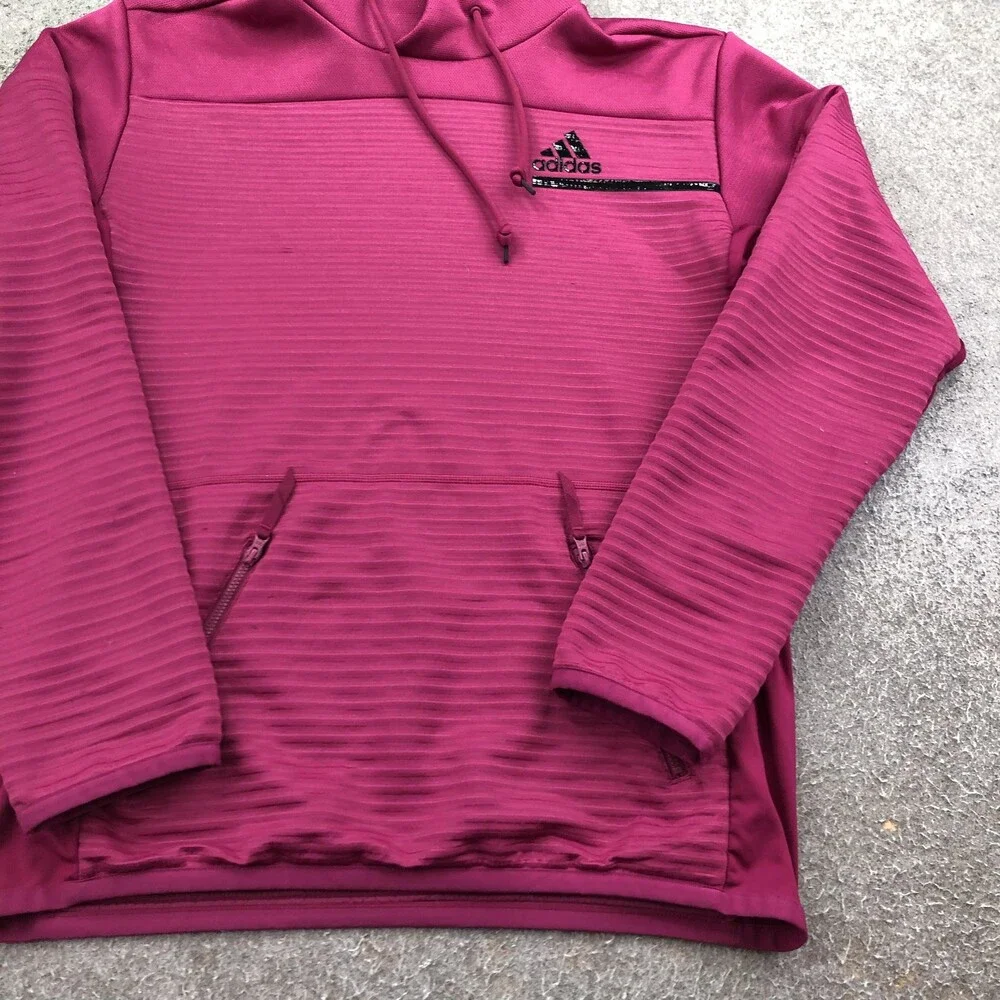 Adidas Hoodie Mens Medium Pink Pullover Fleece Sweatshirt Cold RDY Zip Pockets